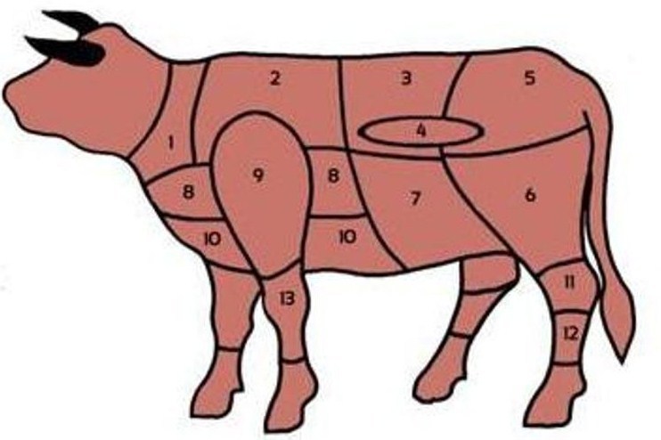 Schéma rezania jatočného tela hovädzieho mäsa