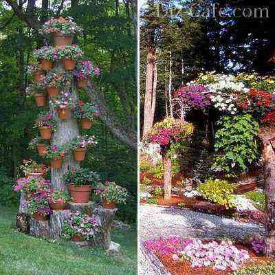Vertical flower beds from tree trunks
