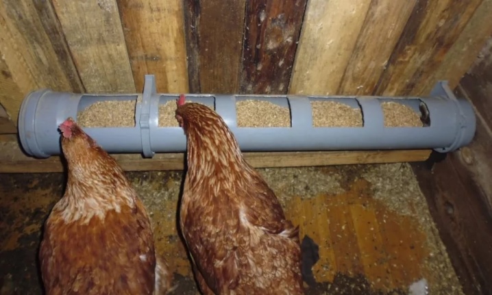 Chicken feeders made of plastic sewer pipes